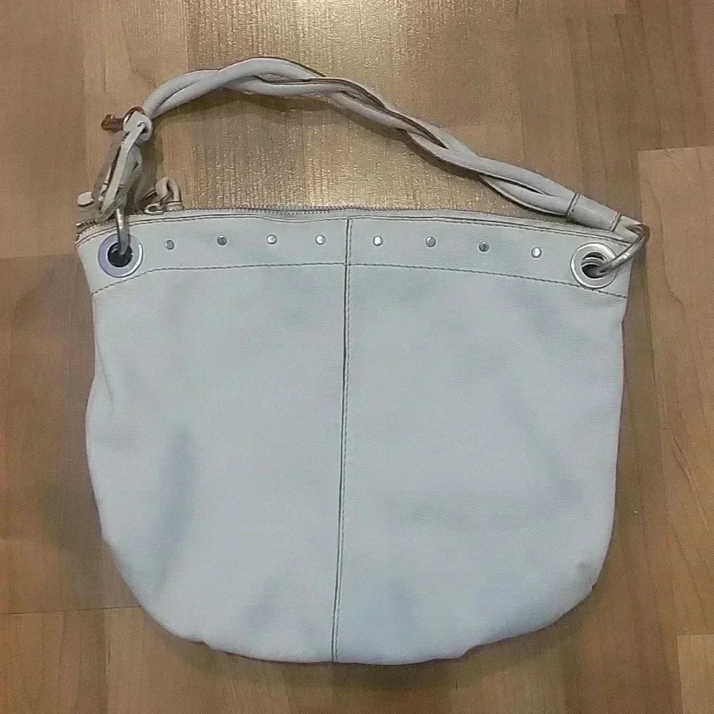 Fossil Hobo Bag Braided Handle Metallic Studs Grommets Genuine Leather Cream